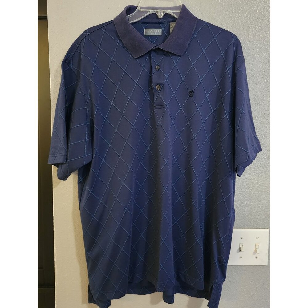 Izod Golf Blue Argyle Mens Short Sleeve Polo Shirt Large Collard Casual‎ Wear